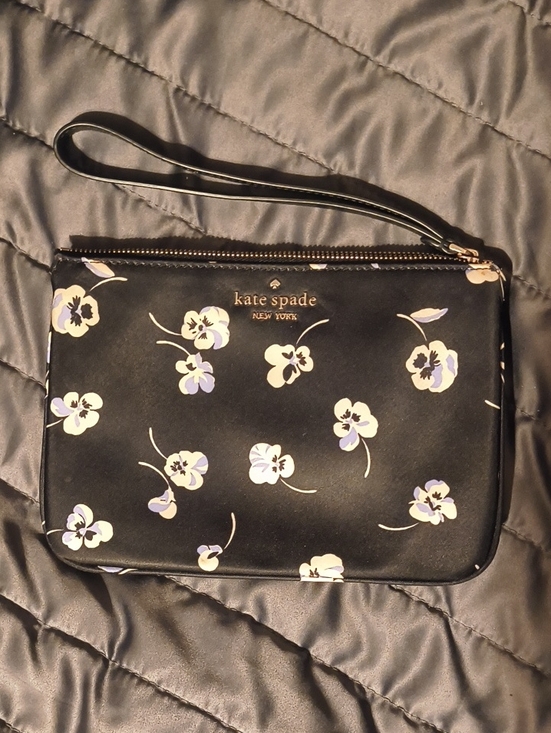 kate spade Handbags - Kate Spade Black Floral Wristlet with Lavender and White Pansies
